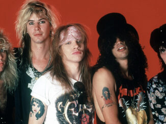 DETROIT, MI - MAY 7: (L-R) Drummer Steven Adler, Duff McKagan, vocals Axl Rose, guitarist Slash and guitarist Izzy Stradlin of the music group Guns N' Roses pose for a portrait on May 7, 1988, at the Detroit State Theater in Detroit, Michigan. (Photo by Ross Marino/Getty Images)